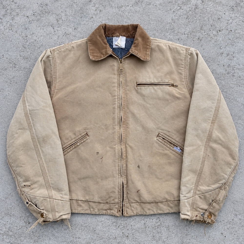 Vintage 90s Carhartt Detroit Jacket Tan Distressed Blanket Lined Workwear Coat